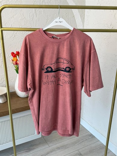  Kadın Araba Çizim Baskılı Oversize Tişort Kiremit