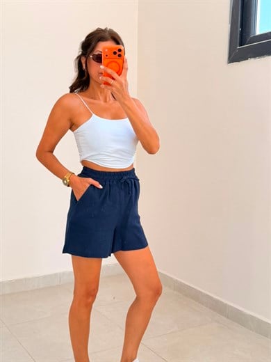  Kadın  Müslin Beli Lastikli Şort Lacivert 