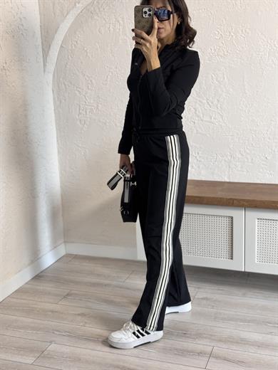  Lüx Kalite Şeritli Likralı Eşofman Takımı Siyah