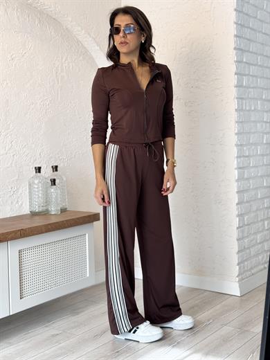  Lüx Kalite Şeritli Likralı Eşofman Takımı Acı Kahve