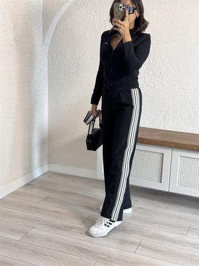  Lüx Kalite Şeritli Likralı Eşofman Takımı Siyah