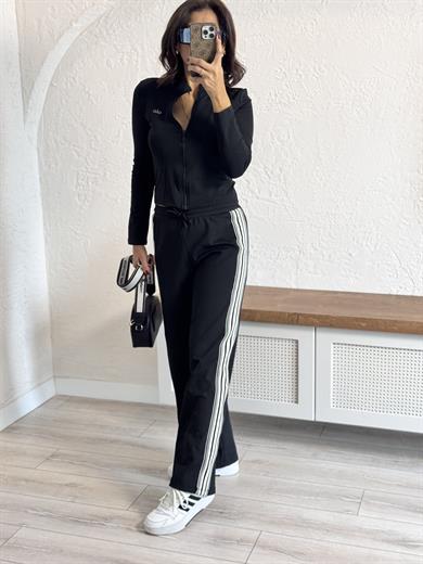  Lüx Kalite Şeritli Likralı Eşofman Takımı Siyah