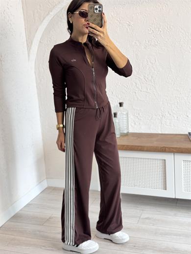  Lüx Kalite Şeritli Likralı Eşofman Takımı Acı Kahve