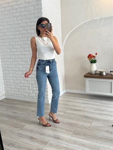 Premium Kalite Yüksek Bel Boyfit Jean  Açık Mavi