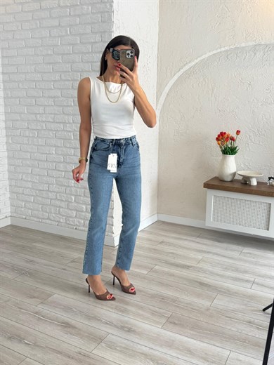  Premium Kalite Yüksek Bel Boyfit Jean  Açık Mavi