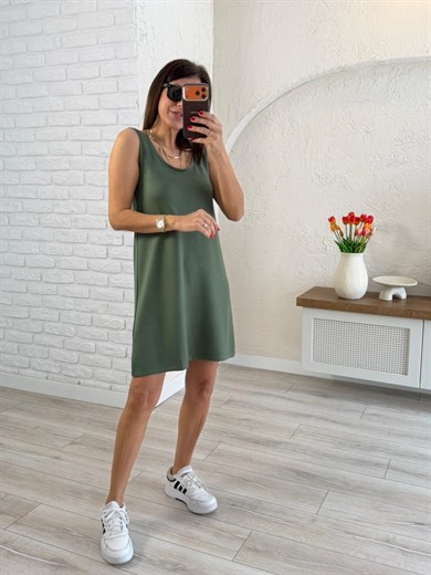  U yaka Kalın Askılı Modal Elbise Haki 