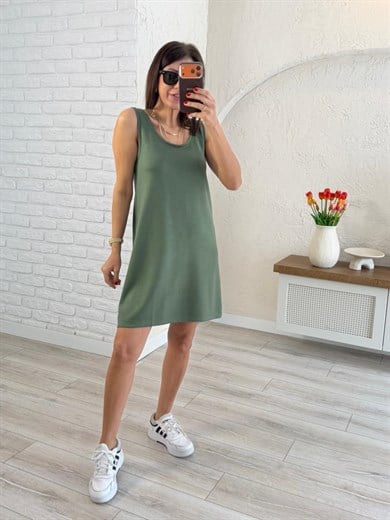  U yaka Kalın Askılı Modal Elbise Haki 