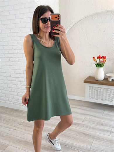  U yaka Kalın Askılı Modal Elbise Haki 