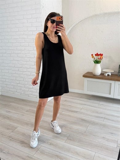  U Yaka Kalın Askılı Modal Elbise Siyah 