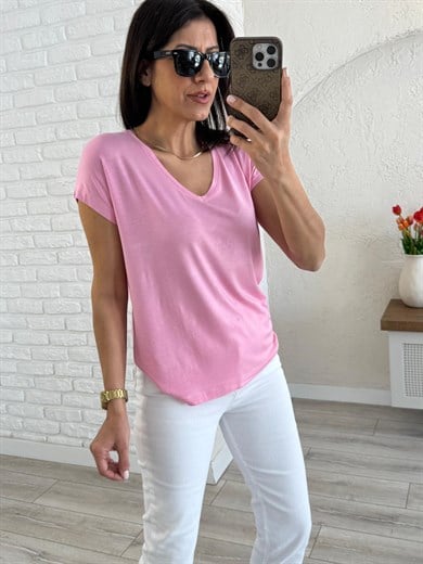  V yaka Yumuşak Doku Dökümlü Tişört Pembe 