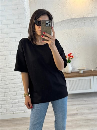 Arka V Dantel Detay Tişört Siyah 