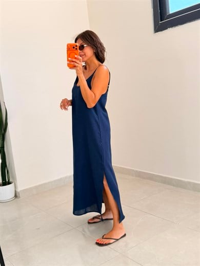 Askı Ayarlı Oversize Müslin Elbise Lacivert 