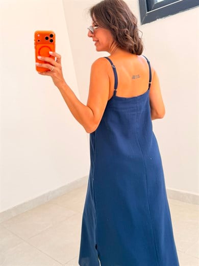Askı Ayarlı Oversize Müslin Elbise Lacivert 