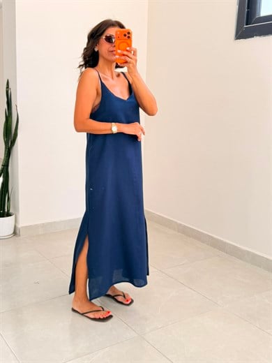 Askı Ayarlı Oversize Müslin Elbise Lacivert 