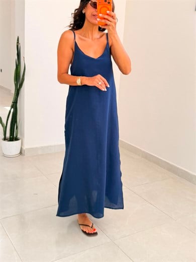 Askı Ayarlı Oversize Müslin Elbise Lacivert 