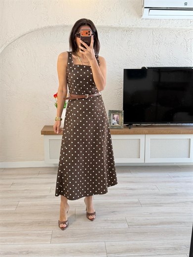 Askılı Puantiye Midi Elbise Kahve 