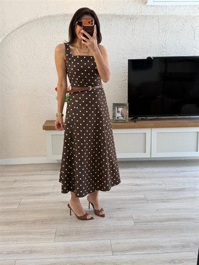 Askılı Puantiye Midi Elbise Kahve 