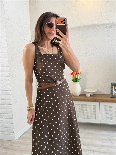 Askılı Puantiye Midi Elbise Kahve 