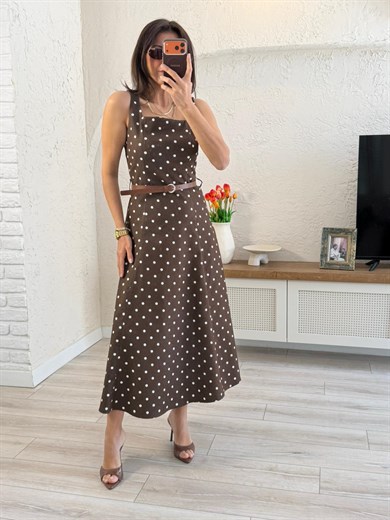 Askılı Puantiye Midi Elbise Kahve 