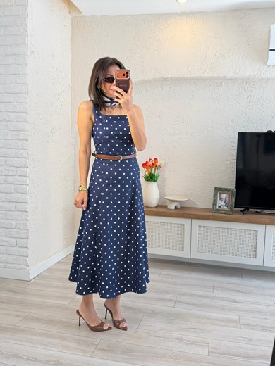 Askılı Puantiye Midi Elbise Lacivert 