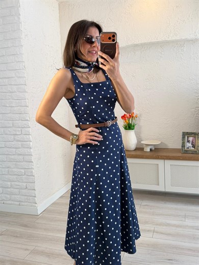 Askılı Puantiye Midi Elbise Lacivert 