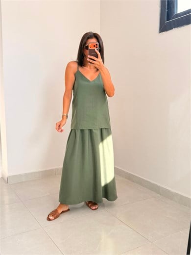 Ayarlanabilir Askılı Tensel Elbise Haki