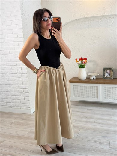 Bej Çift Parçalı Prenses Elbise