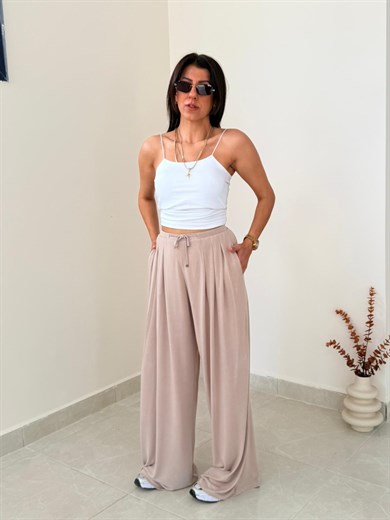 Bel Bağcıklı İnce Bel Detaylı Modal Bol Paça Pantolon Bej