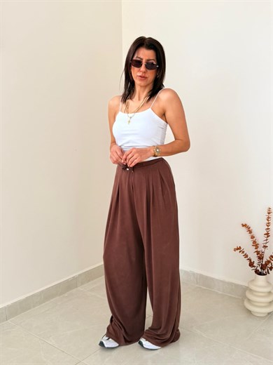Bel Bağcıklı İnce Bel Detaylı Modal Bol Paça Pantolon Kahve