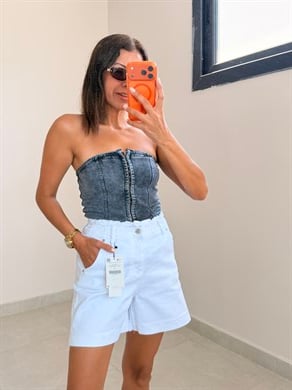 Bel Lastik Detaylı Duble Paça Jean Şort  Beyaz