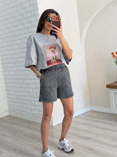 Bel Lastikli Cepli Eskitme Şort Antrasit