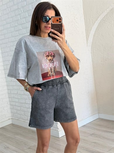 Bel Lastikli Cepli Eskitme Şort Antrasit