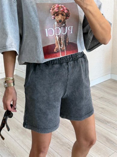 Bel Lastikli Cepli Eskitme Şort Antrasit