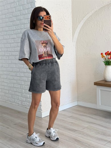 Bel Lastikli Cepli Eskitme Şort Antrasit