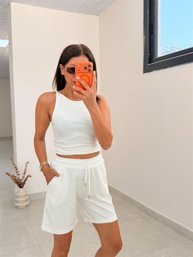 Bel Lastikli Modal Kumaş Basic Şort Ekru