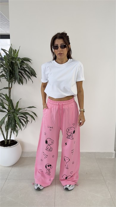 Bel Lastikli Paça Ayarlanabilir Snoopy Eşofman Altı Pembe