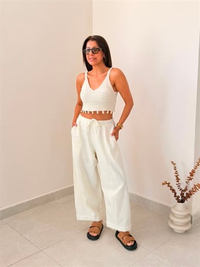 Bel Lastikli Pamuklu Keten Barrel Fit Pantolon Ekru