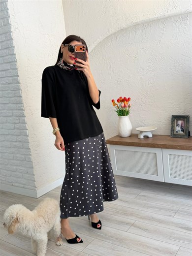 Bel Lastikli Puantiyeli Saten Etek Siyah