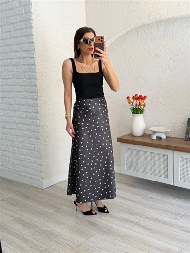 Bel Lastikli Puantiyeli Saten Etek Siyah