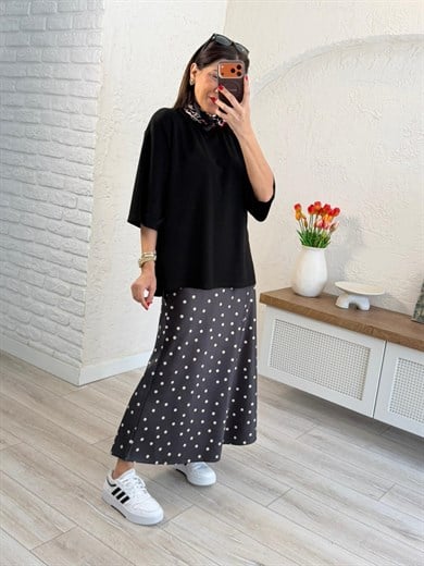 Bel Lastikli Puantiyeli Saten Etek Siyah