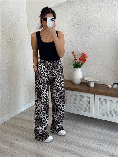 Bel Lastikli Saten Leopar Pantolon