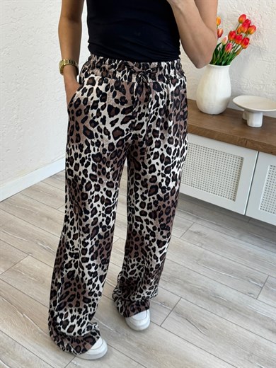 Bel Lastikli Saten Leopar Pantolon