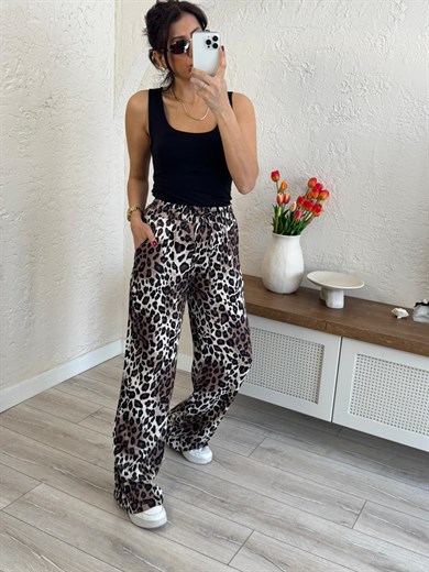 Bel Lastikli Saten Leopar Pantolon