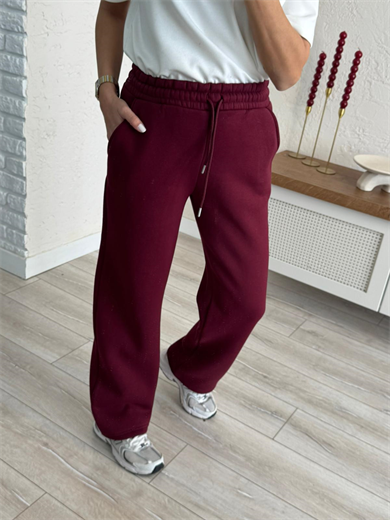 Bel Lastikli Üç İplik Şardonlu Geniş Paça Eşofman Altı Bordo