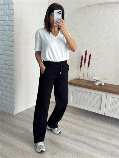 Bel Lastikli Üç İplik Şardonlu Geniş Paça Eşofman Altı Siyah