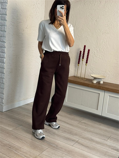 Bel Lastikli Üç İplik Şardonlu Geniş Paça Eşofman Altı Kahve