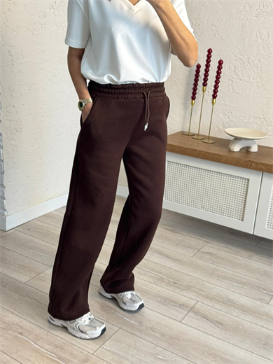 Bel Lastikli Üç İplik Şardonlu Geniş Paça Eşofman Altı Kahve