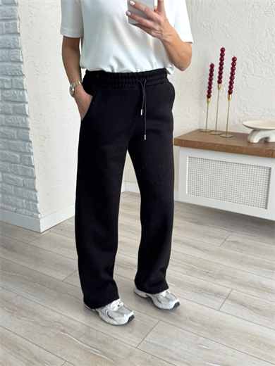 Bel Lastikli Üç İplik Şardonlu Geniş Paça Eşofman Altı Siyah