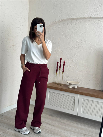 Bel Lastikli Üç İplik Şardonlu Geniş Paça Eşofman Altı Bordo