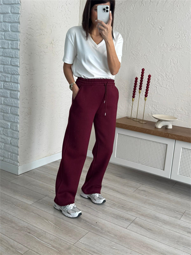 Bel Lastikli Üç İplik Şardonlu Geniş Paça Eşofman Altı Bordo